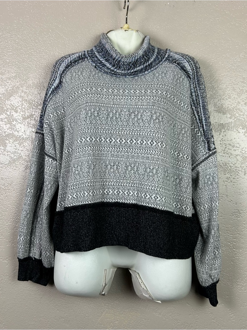 We The Free Gray Patterned Cowlneck Sweater with Dark Hem - Picture 1 of 14
